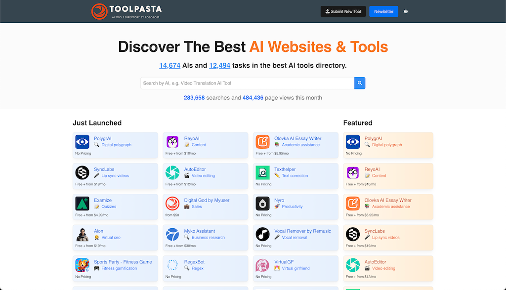 Release Announcement: Discover the Best AI Websites & Tools with ToolPasta AI Tool Directory by Robopost